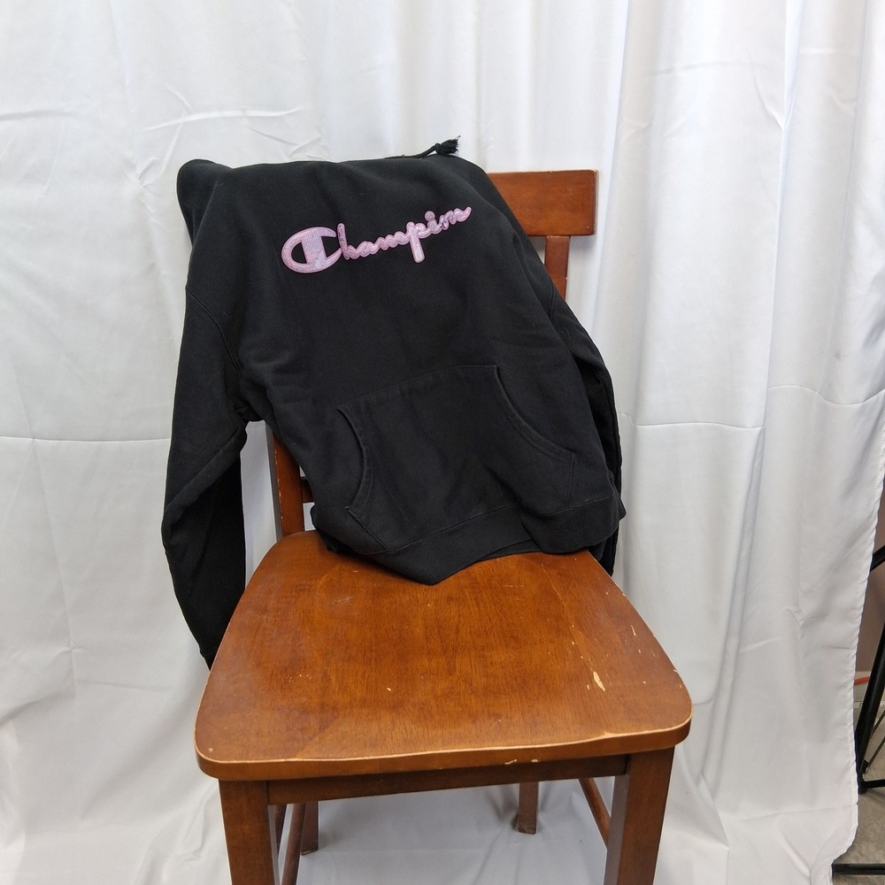 Champion Reverse Weave Black Hoodie Pink Script Logo Women's 2X Large USED